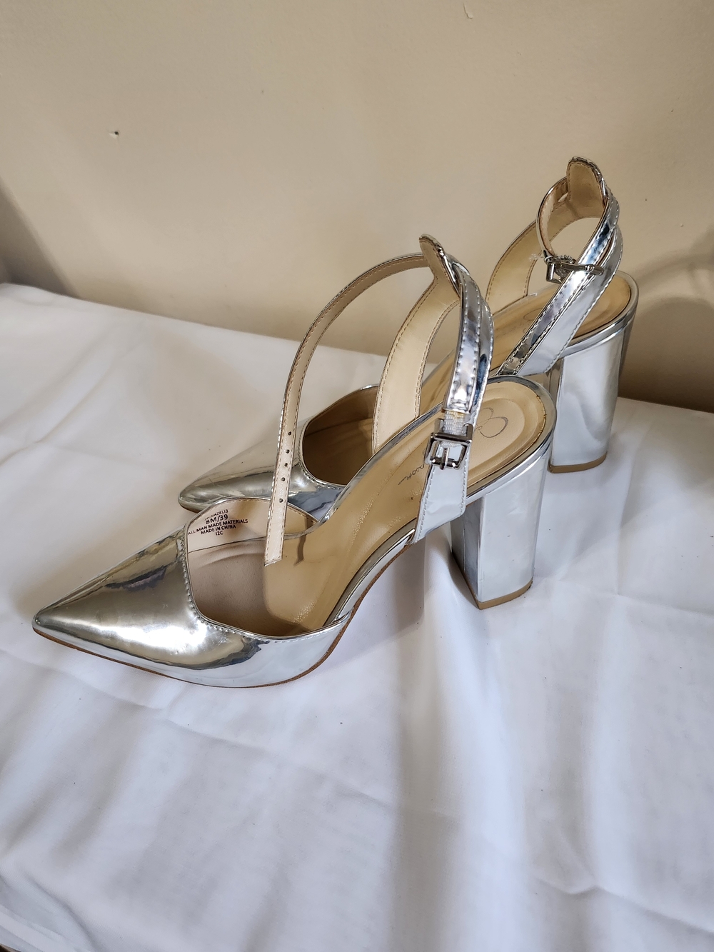 Jessica Simpson Silver Metallic Pointed Slingback Block Heels